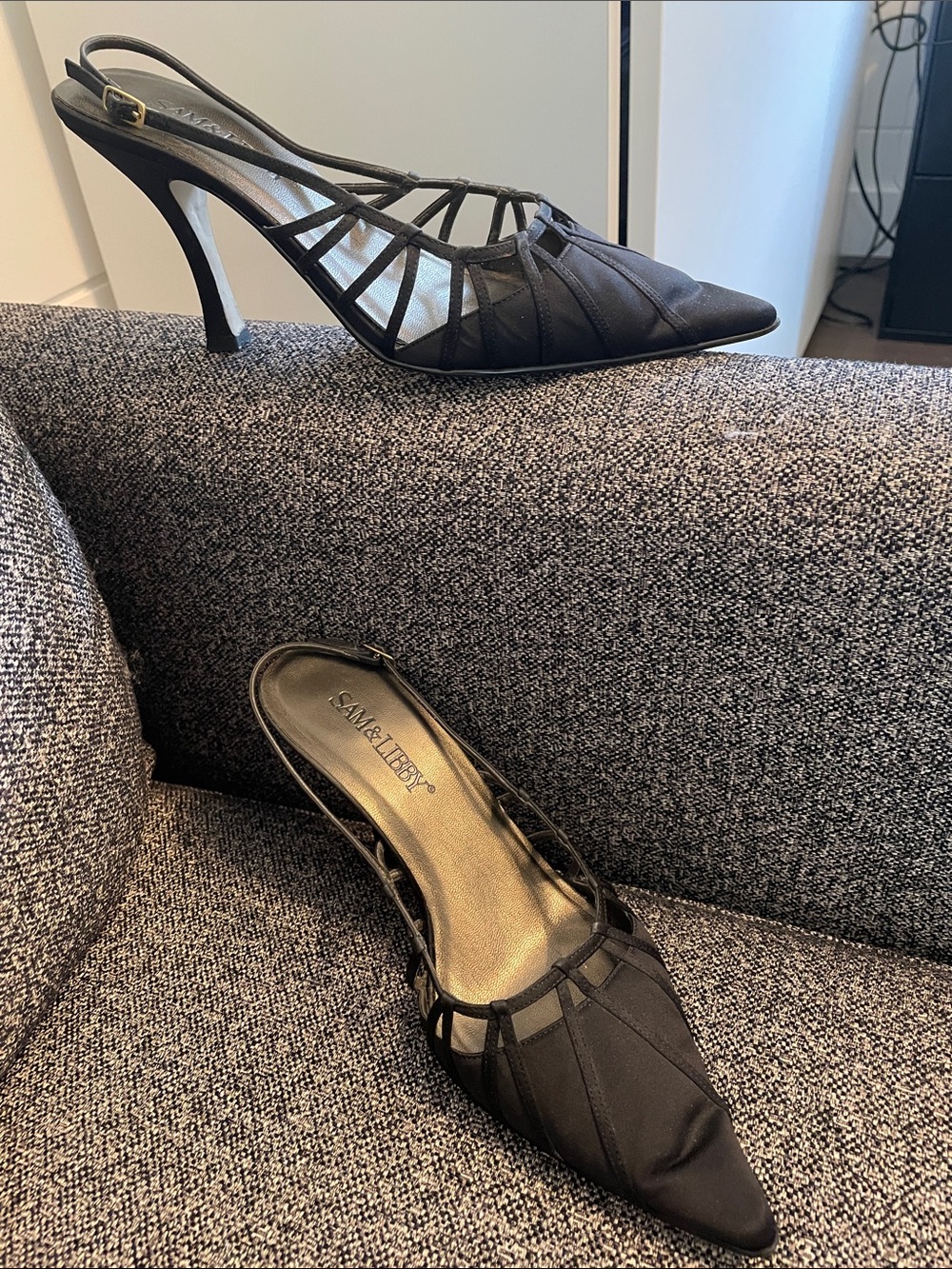 Sam & Libby Black Strappy Pointed-Toe Slingback Heels